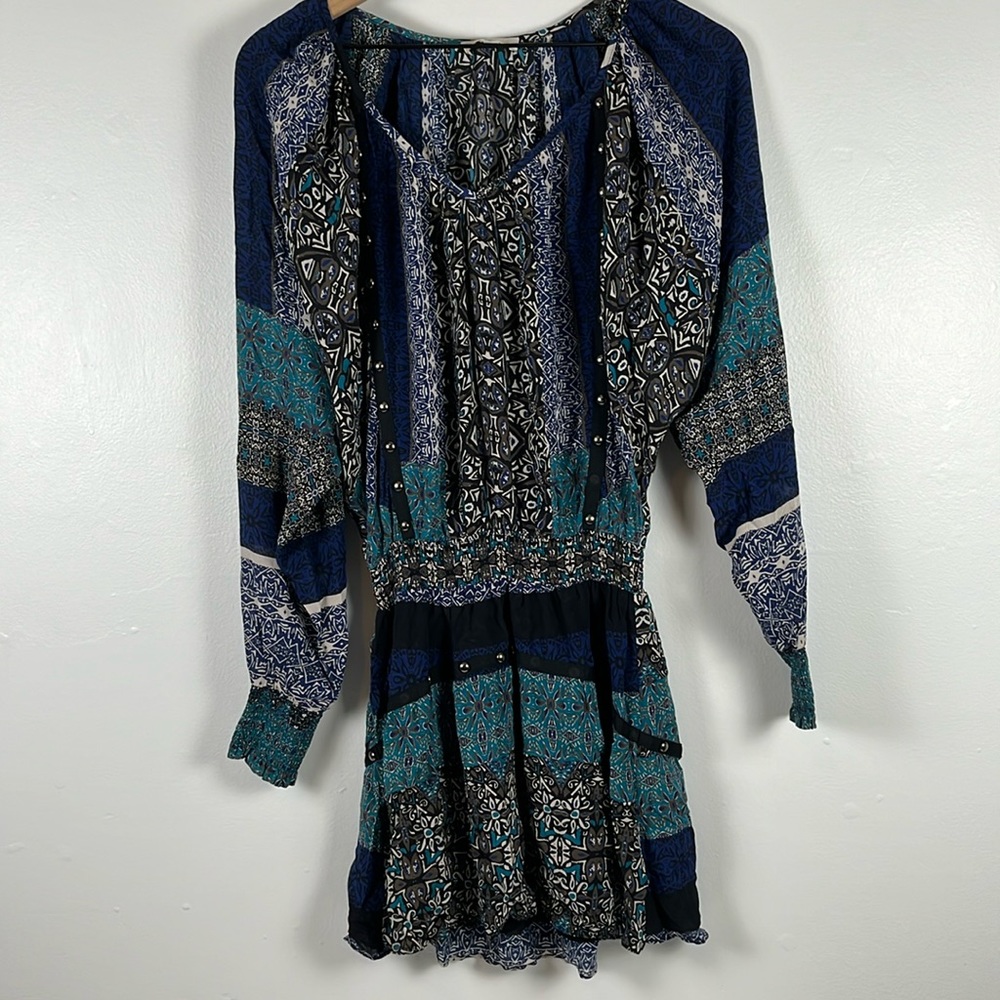 Ramy Brook BOHO Dress Balloon long Sleeves Black/Blue/Aqua Sz S 100 % silk lined